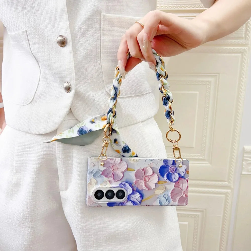 Classic Stylish Silk Wrist Strap Floating Flower Hard Phone Case for Samsung Galaxy Z Fold 7 5G 2025 Dopamine Protective Cover