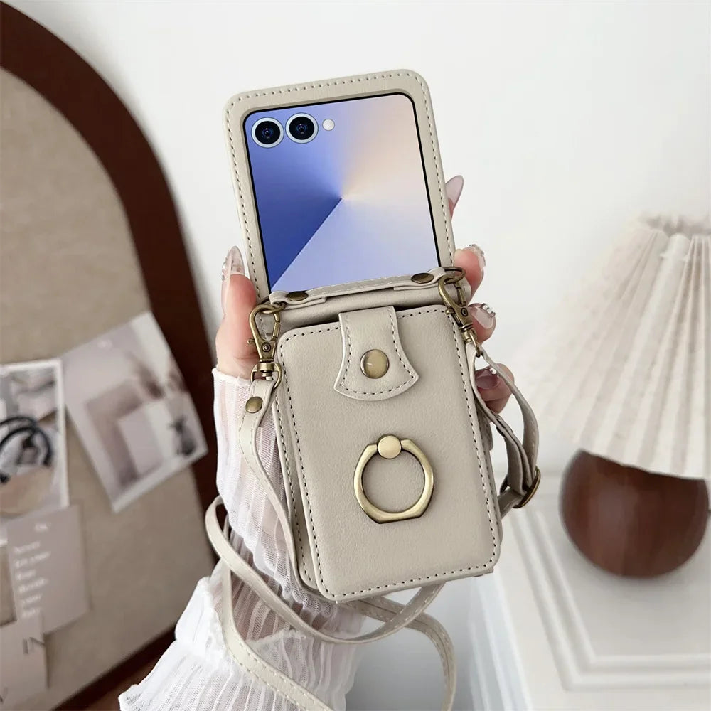 Ring Card Holder Leather Wallet Phone Case for Samsung Galaxy Z Flip 7 6 5 4 3 Flip7 FE Finger Crossbody Protective Cover