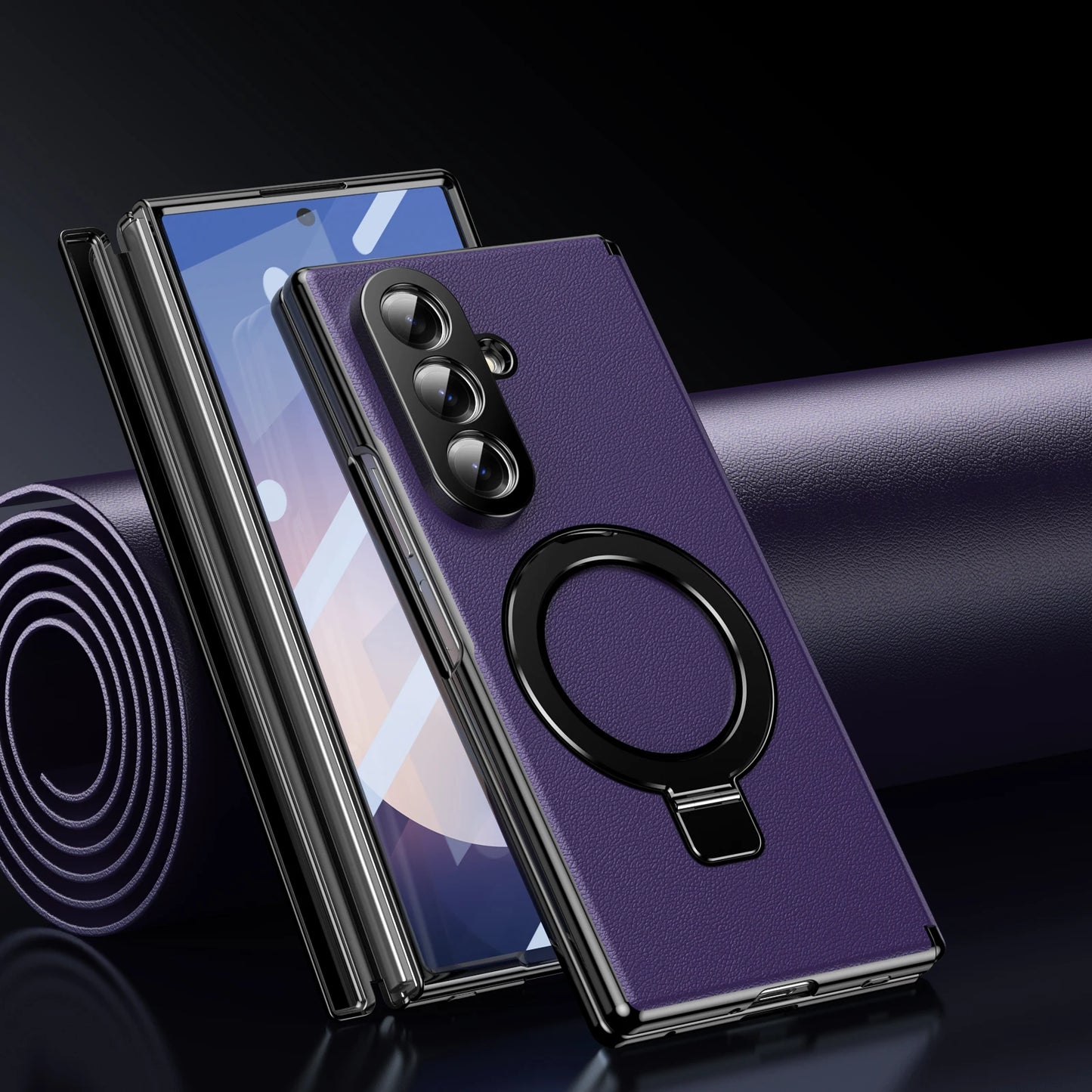 Hidden Stand Magnetic Leather Case For Samsung Galaxy Z Fold 7 6 5 4 Bracket Cover With Clear Glass Screen Protector