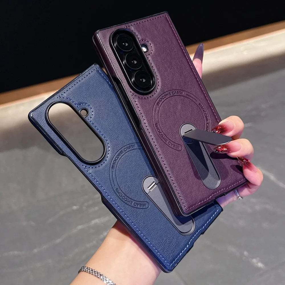 Luxury Magnetic Leather Case For Samsung Galaxy Z Fold 7 6 5 4 3 5G Folding Bracket Holder Wireless Charging Cover For Zfold7
