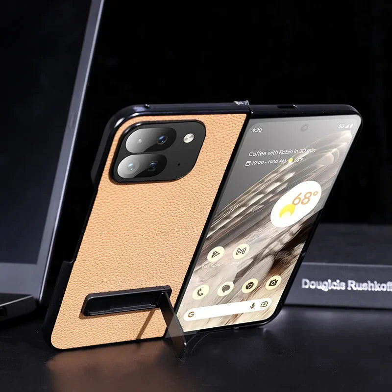 For Google Pixel 9 Pro Folding Case ELVEV Luxury PU Leather + TPU Camera Protection Cover with Metal Kickstand