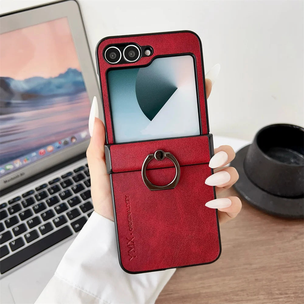For Samsung Z Flip6 Flip 7 6 5 Luxury Leather Ring Holder Phone Case for Galaxy Z Flip7 Z Flip 5 4 3 3in1 Hinge Protection Cover
