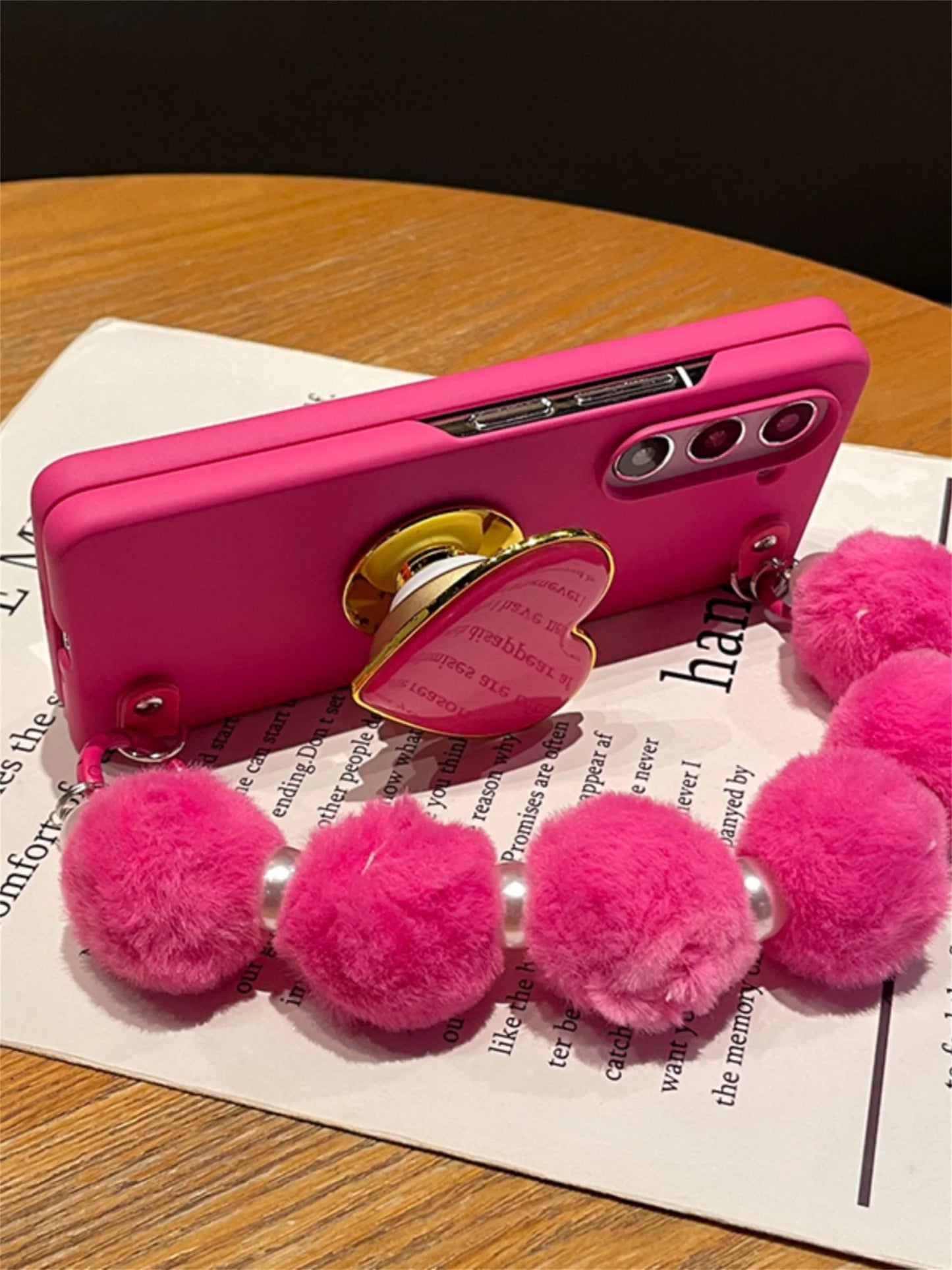 New Korean Rose Red Plush Ball Love Bracelet Pearl Bracelet Case for Samsung Galaxy Z Fold7 Z Fold6 Z Fold5 Z Fold4 ZFold3 Cover
