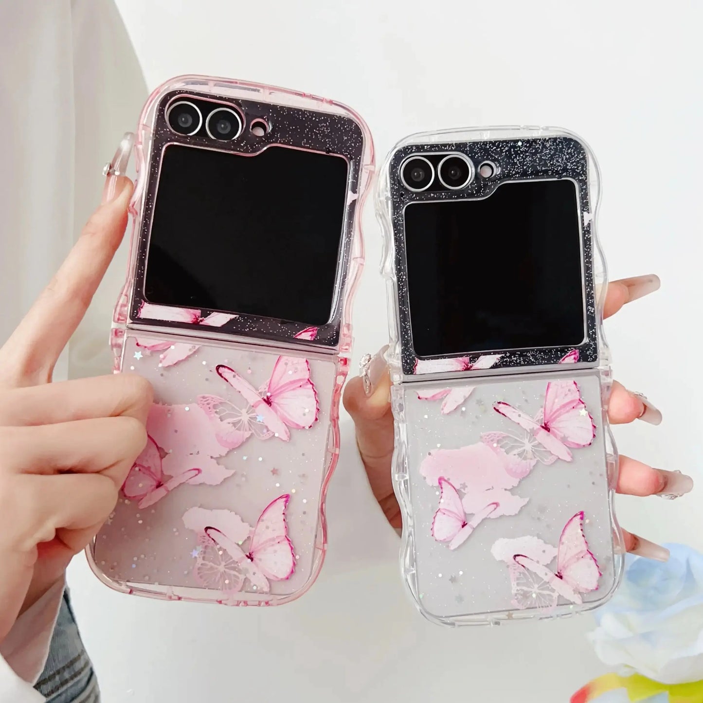Butterfly Glitter Transparent Wavy Edge Silicone Case For Samsung Galaxy Z Flip 6 5 4 3 Sparkling Sequins Shockproof Phone Cover