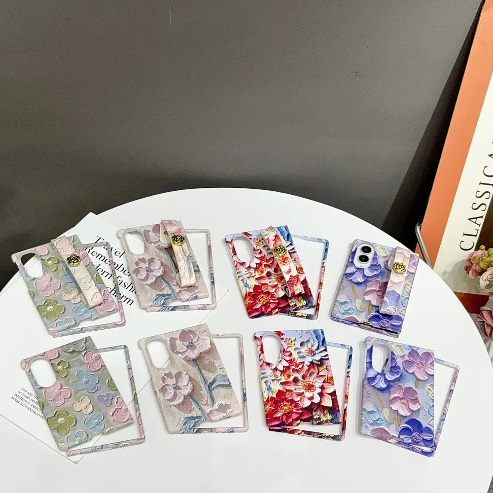 INS Relief Colorful Oil Painting Flower Lanyard All-inclusive Case For Samsung Galaxy Z Fold 8 Ultra Fold 7 Wrist Strap PC Cover