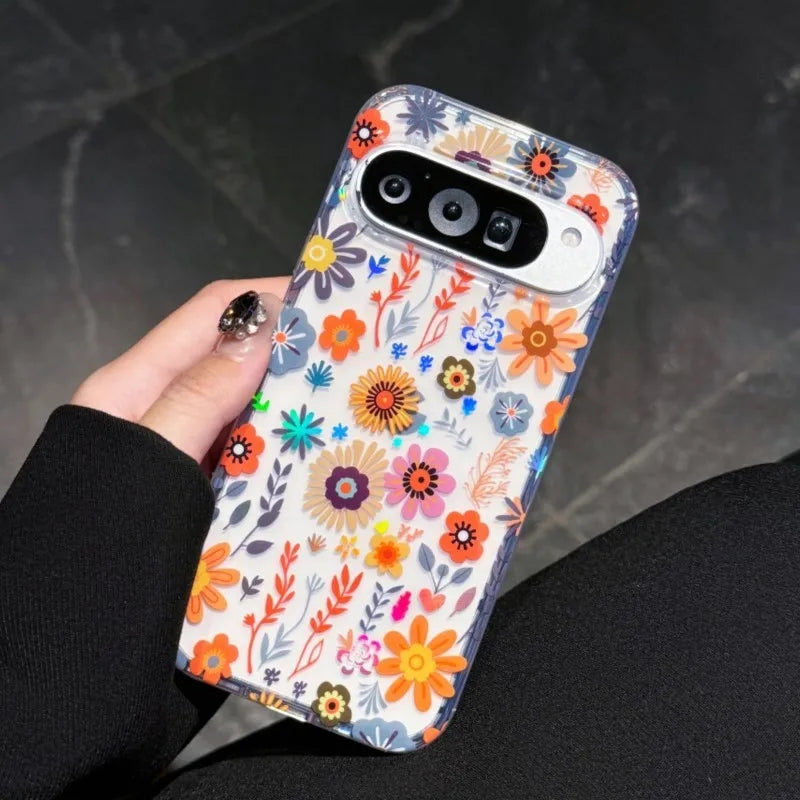 Laser Flower Reflective Phone Case For Google Pixel 10 10Pro XL 9 Pro XL 9A Transparent Floral Print TPU Shockproof Airbag Cover
