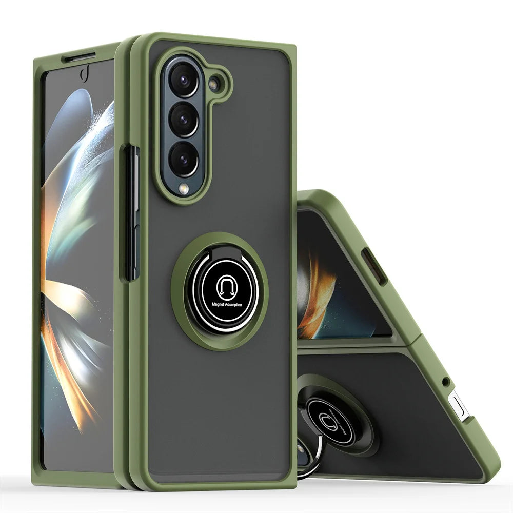 Matte Rotating Holder Magnetic Phone Case For Samsung Galaxy Z Fold 7 6 5 4 3 Car Ring Armor Shockproof Cover