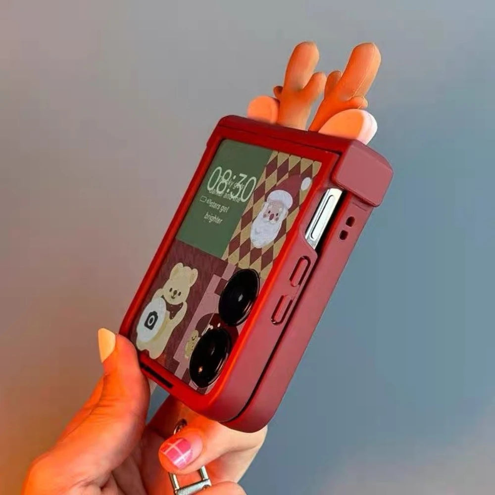 Cute 3D Deer Antler Flip Christmas Case for Motorola Razr 50 Ultra 50ultra with Bear Santa Claus Lanyard Xmas Protective Cover