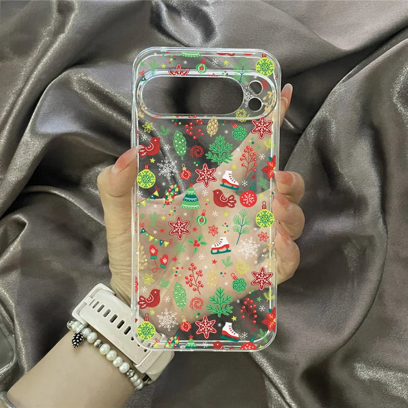 Cartoon Merry Christmas Elk Santa Phone Case For Google Pixel 8 Pro 9 Pro XL 8A 10 7 6A Snowflake Print Clear Soft Cover Fundas