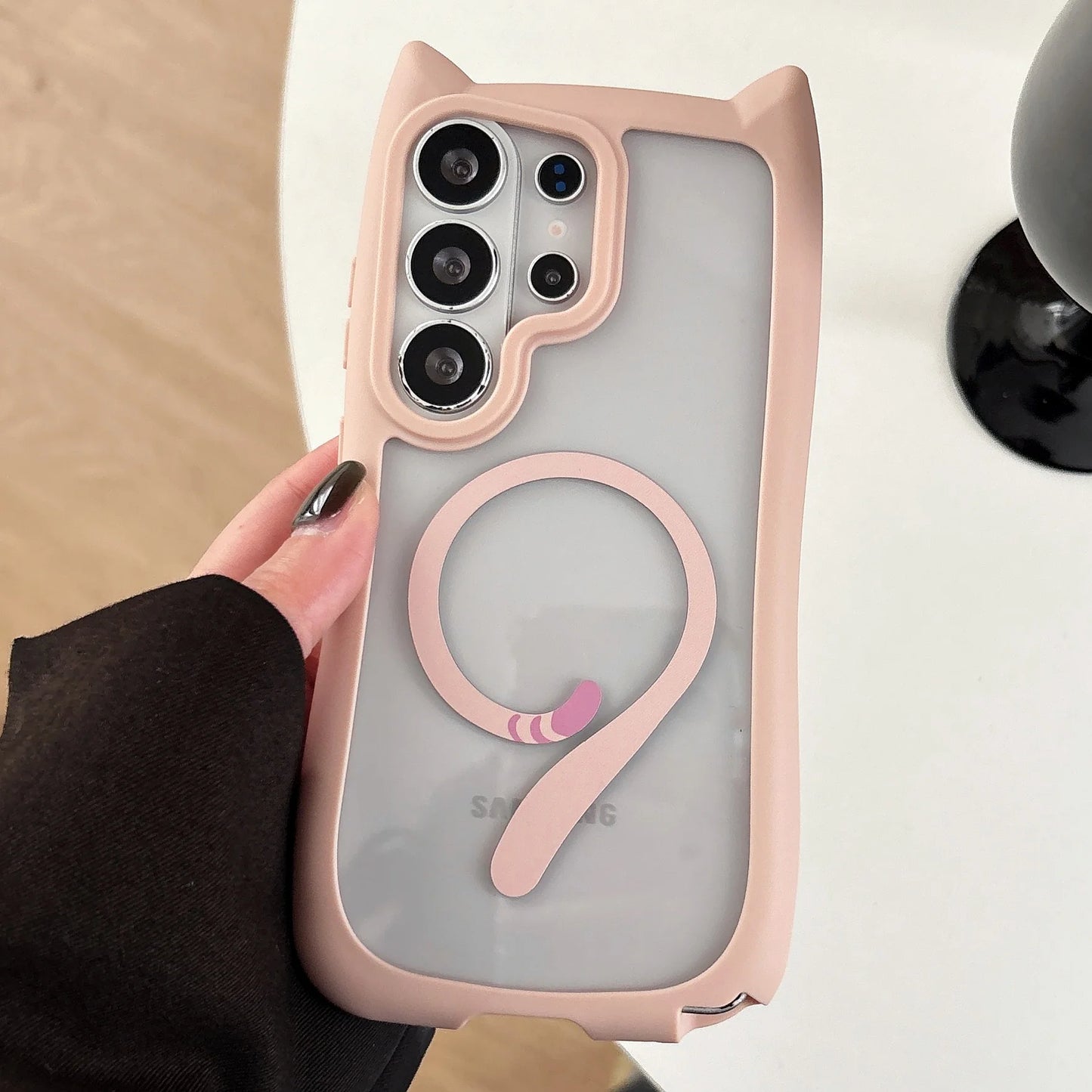 Lovely Cat Ear For Samsung Galaxy S26 Ultra Magnetic Wireless Charging Case For Samsung S26 Plus S25 S24 Transparent Hard Cover