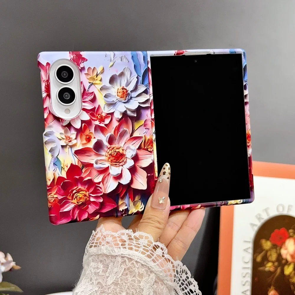INS Relief Colorful Oil Painting Flower Lanyard All-inclusive Case For Samsung Galaxy Z Fold 8 Ultra Fold 7 Wrist Strap PC Cover