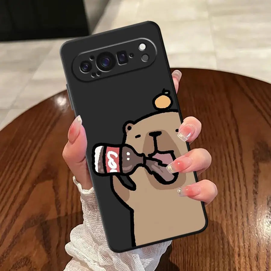 Phone Case for Google Pixel 7a 6 7 8 Pro 9a 10 9 Pro XL 8a 6a Black Soft Shell Cute Capybara Cartoon