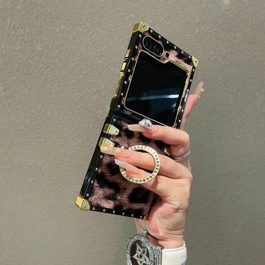 Leopard Pattern Leather Square Premium Gold Frame Soft Case For Samsung Galaxy Z Flip 7 6 5 4 3 5G Flip 7 Fe Cover With Bracket