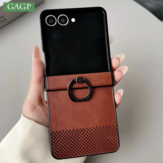 Luxury Leather Lattice Texture With Ring Phone Case For Samsung Galaxy Z Flip 3 4 5 6 7 7FE Hinge Anti-Scratch Back Phone Cover