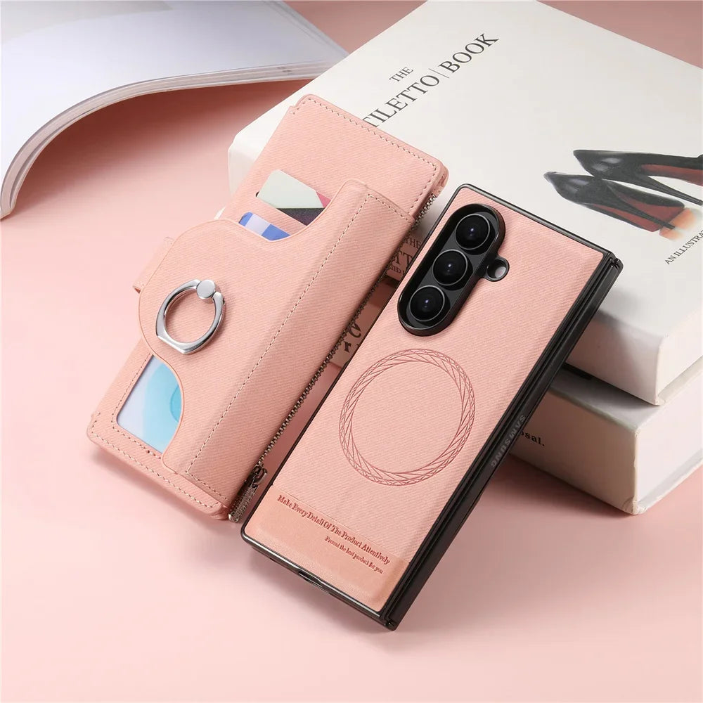 2 in 1 Detachable Magnetic Phone Case for Samsung Galaxy Z Fold 7 6 5 4 Fold7 Fold6 Ring Zipper Wallet Leather Protective Cover
