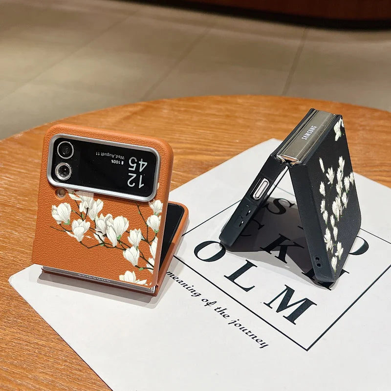 For Samsung Galaxy Z Flip 5 6 4 3 5G Luxury Leather Phone Case Flowers Pattern Soft TPU Folding Cover For Samsung Z Flip4 Flip5