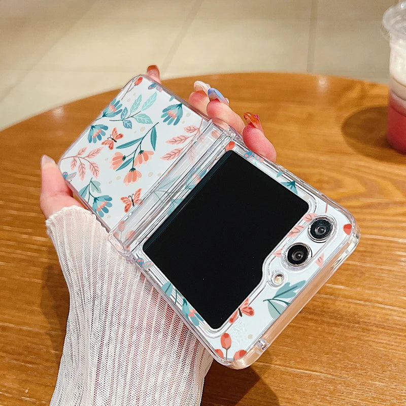 Flower Pattern Folding Case For Samsung Galaxy Z Flip7 FE Flip7 Flip6 Clear Shockproof Cover For Samsung Galaxy Z Flip 7 6 5 4 3