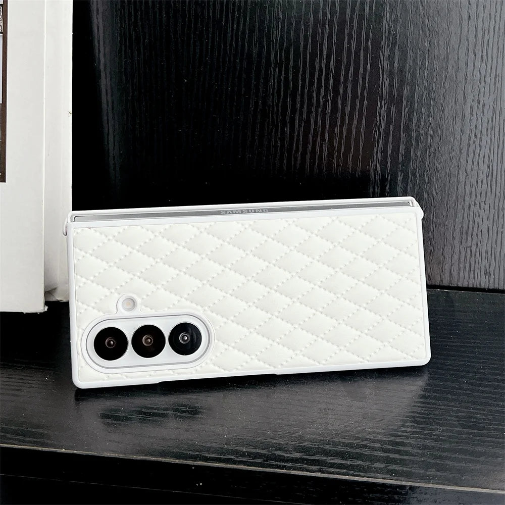 Luxury Lingge Sheepskin Folding Case Shell For Samsung Galaxy Z Fold 3 4 5 6 7 5G Advanced Anti Shock Protective Cover