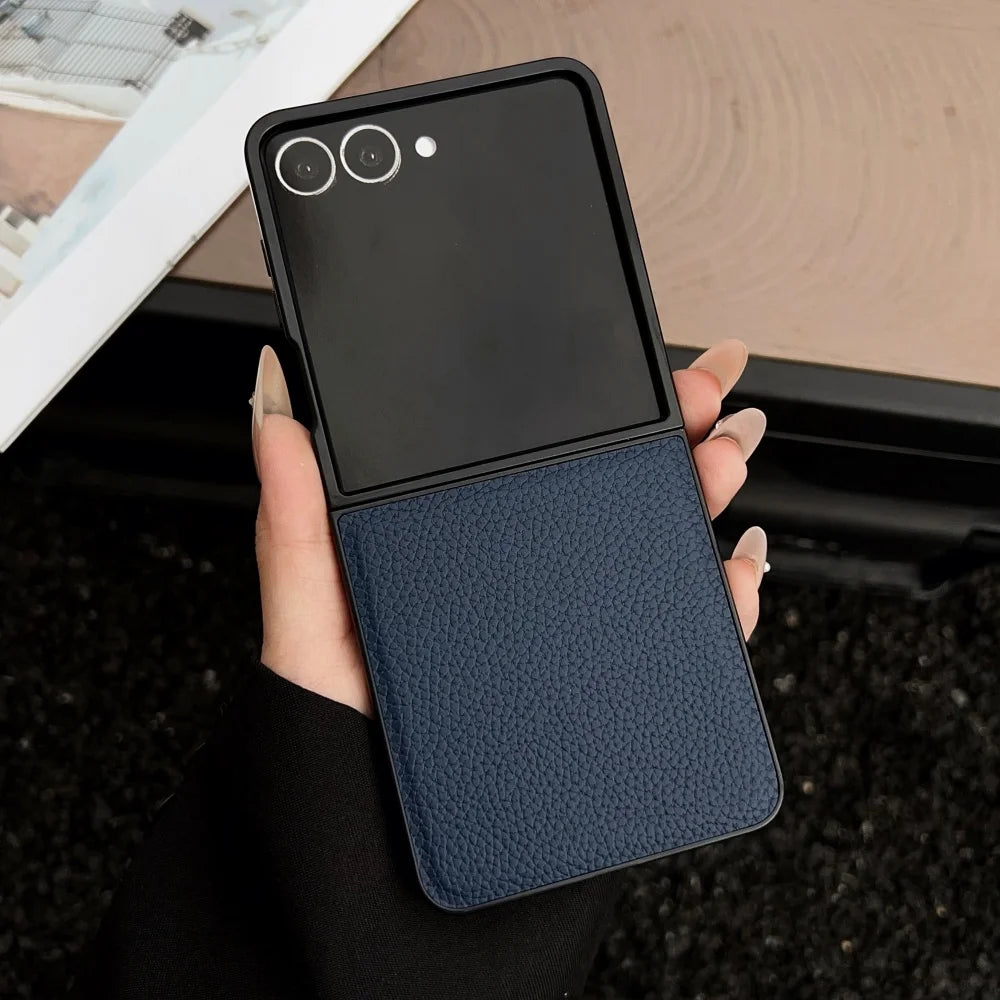 Luxury Lychee Pattern Leather Phone Case For Samsung Galaxy Z Flip 7 6 5 4 3 5G Shockproof Soft Cover For ZFlip6 Flip5 Flip4