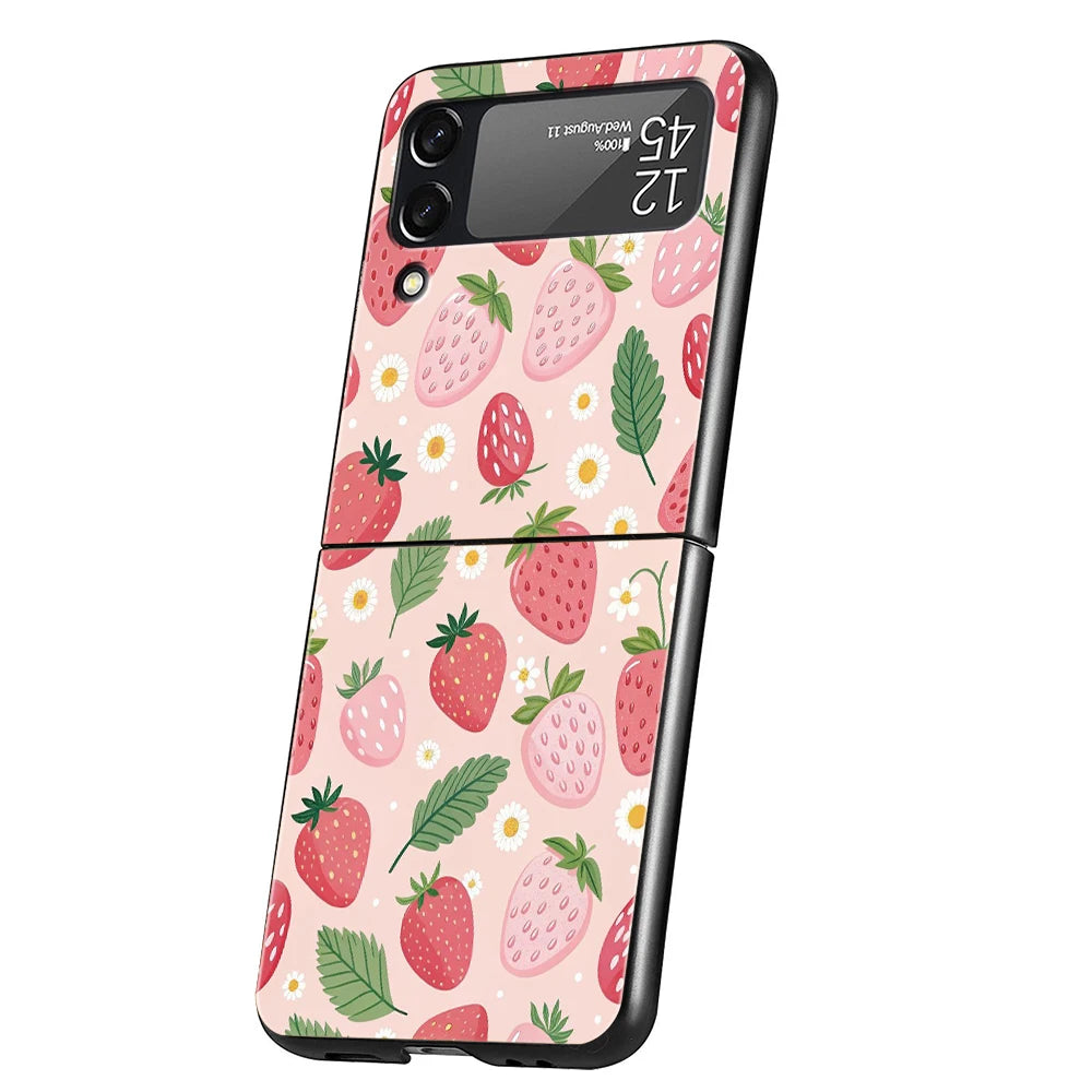 Two White Strawberries Simple Hard PC Phone Case For Samsung Galaxy Z Flip 7 6 5 4 Black Cover For Galaxy Z Flip 3 Foldable Capa