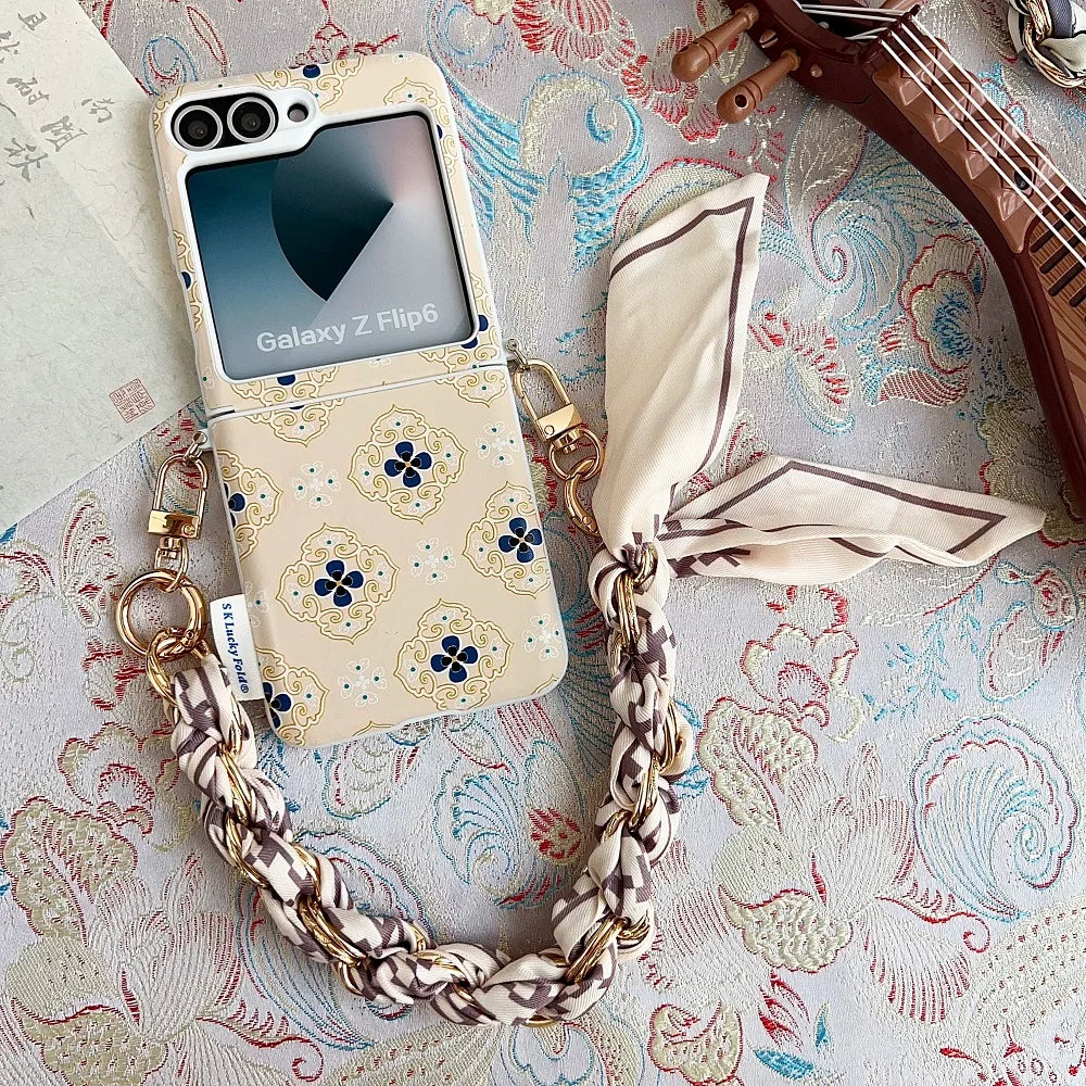Luxury Embroidery Flowers Phone Case For Samsung Galaxy Z Flip 7 6 5 Flip 7FE Fashion Folding Protection Cover with Ribbon Chain