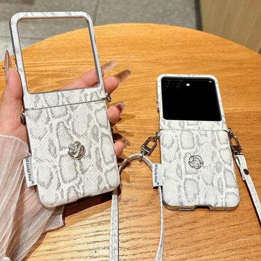 Python Skin Pattern Side Buckle Camellia Decorated Case For Moto Razr 60 Ultra Motorola Razr 50 Ultra 2025 Protective Cover