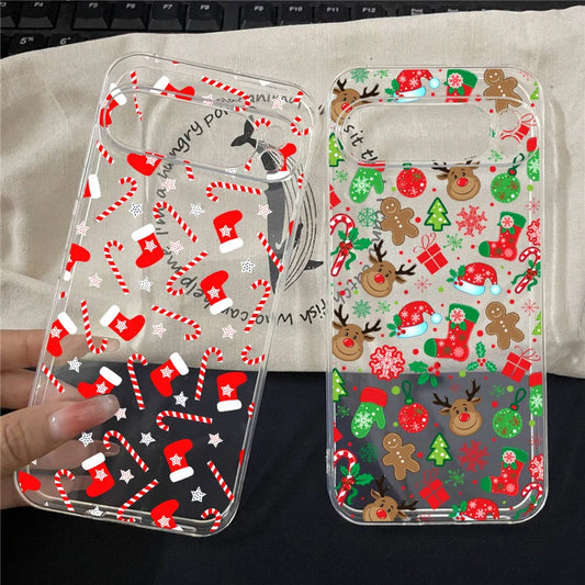 Cartoon Merry Christmas Elk Santa Phone Case For Google Pixel 8 Pro 9 Pro XL 8A 10 7 6A Snowflake Print Clear Soft Cover Fundas