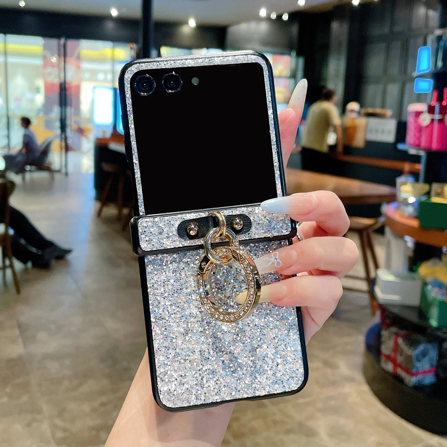 Artificial Glitter Ring Holder Sparkling Rhinestones Case For Motorola Razr 50 60 Ultra 2025 + 2024 Shiny Diamond Plating Cover