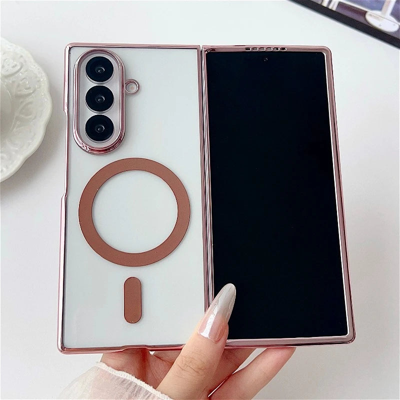 Electroplated Transparent Magnetic Case For Samsung Galaxy Z Fold 3 4 5 6 7 ZFold7 Fold6 5G Plating Clear Shockproof Back Cover