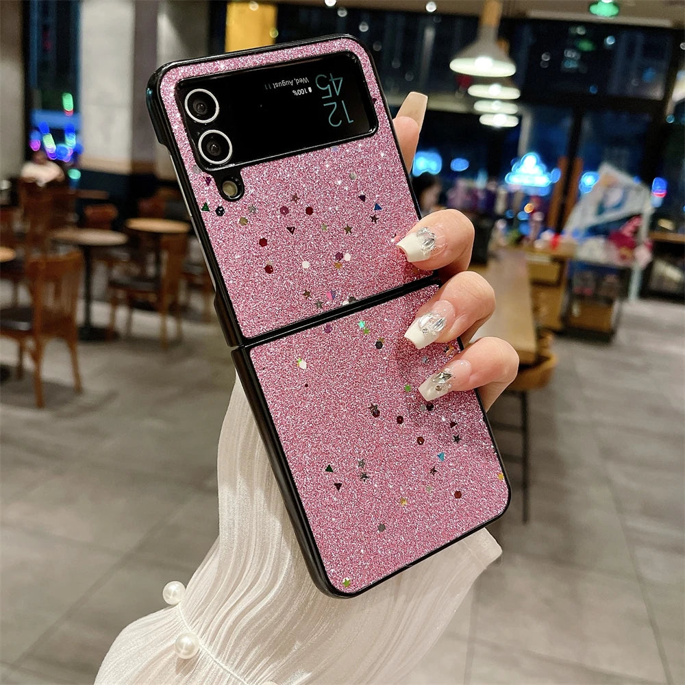 Luxury Glitter Solid Color Phone Case For Samsung Galaxy Z Flip 3 Z Flip 4 Z Flip 5 Lens Protection Shiny Shockproof Back Cover