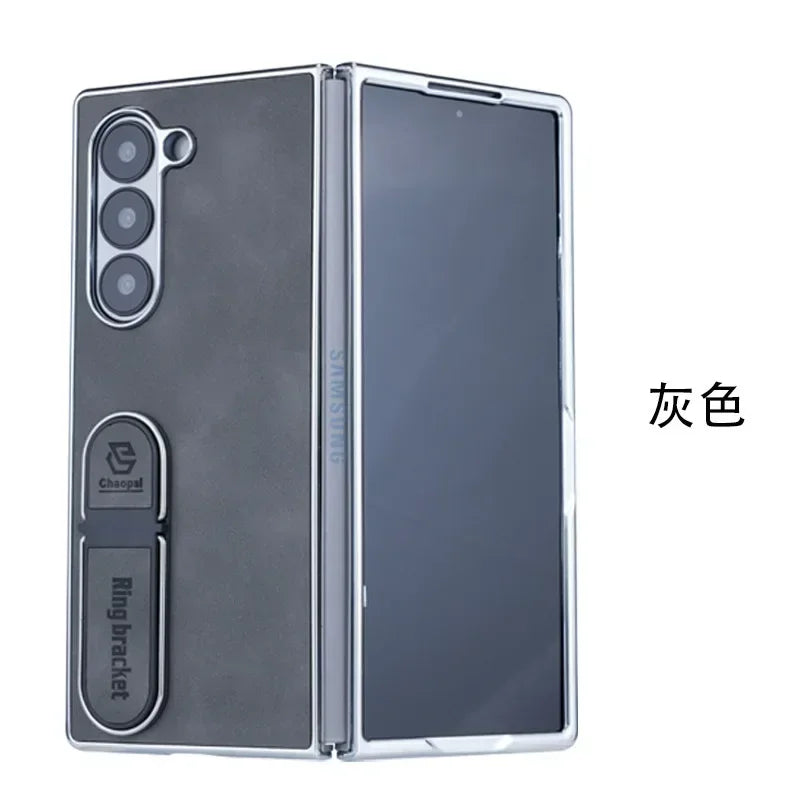 Leather Bracket Phone Case For Samsung Galaxy Z Fold 7 6 5 4 3 Electroplated Z Fold7 Fold6 Fold5 Fold4 Fold3 Protective Cover