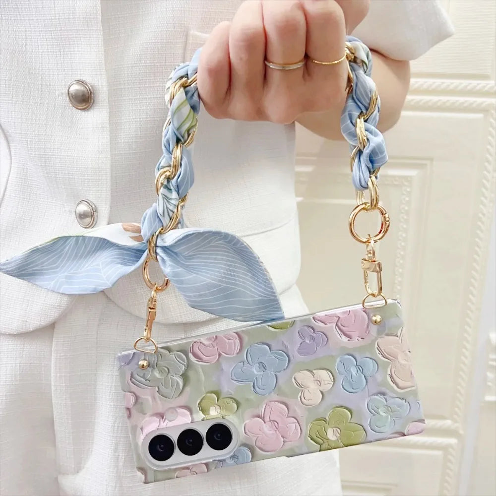 Classic Stylish Silk Wrist Strap Floating Flower Hard Phone Case for Samsung Galaxy Z Fold 7 5G 2025 Dopamine Protective Cover