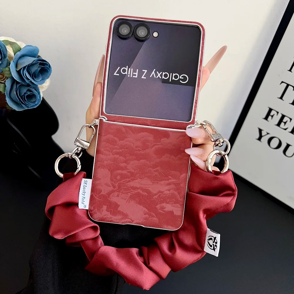 For Samsung Galaxy Z Flip 7 6 5 Flip 7FE Side Buckle Phone Case Landscape Painting Folding Protection Cover with Lanyard