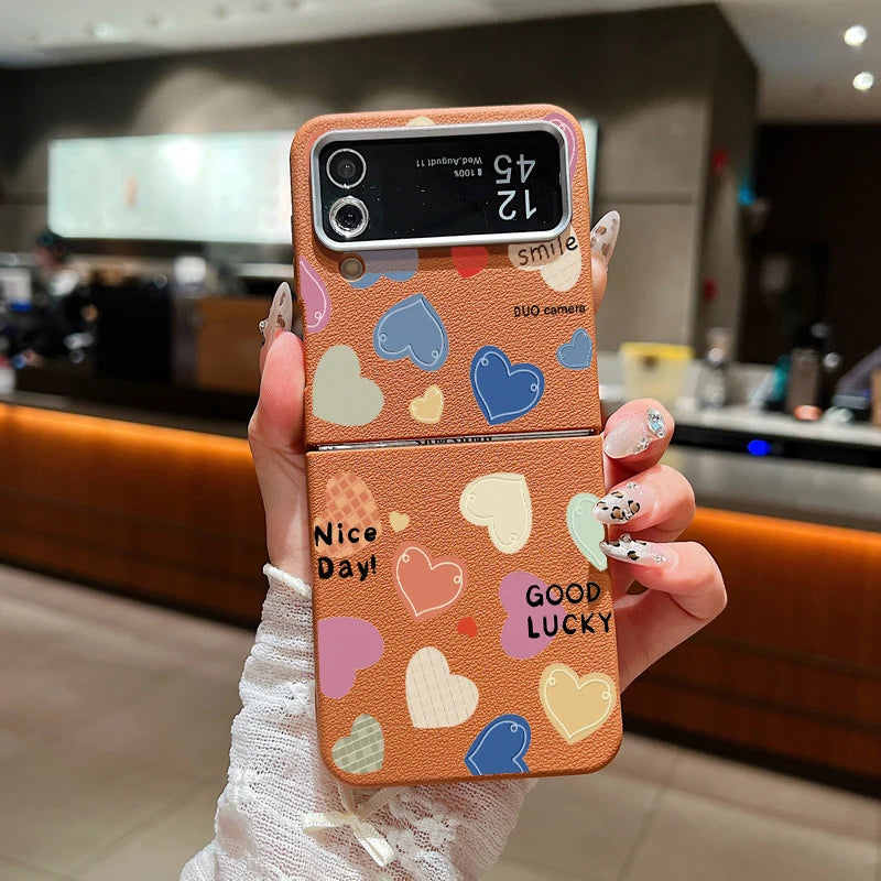 For Samsung Galaxy Z Flip 6 5 4 3 5G Leather Texture Phone Case Love Heart Pattern Soft TPU Folding Cover For Samsung Z Flip5