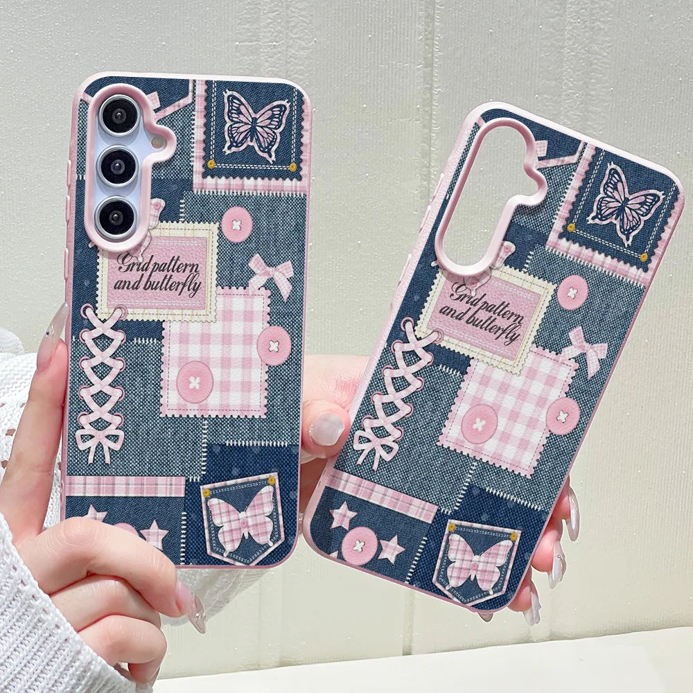 Phone Case for Samsung Galaxy S26 S25 S23 Ultra S24 FE A57 A56 A55 A54 A53 A16 5G A07 A06 A15 4G Cases Denim Patchwork Butterfly