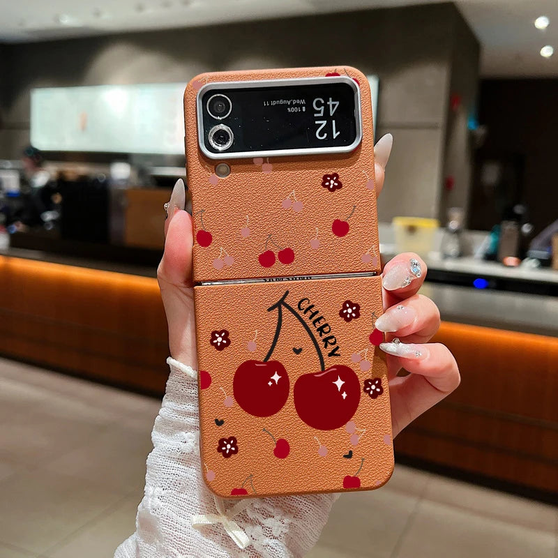For Samsung Galaxy Z Flip 3 4 5 6 5G Leather Texture Phone Case Cherry Pattern Soft TPU Folding Cover For Samsung Z Flip5 Flip4