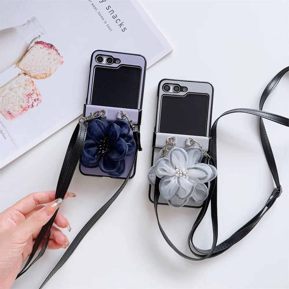 3D Cute Yarn Flower Crossbody Lanyard Phone Case For Samsung Galaxy Z Flip 6 5 4 3 5G Hard Hinge Protective PU Leather Cover