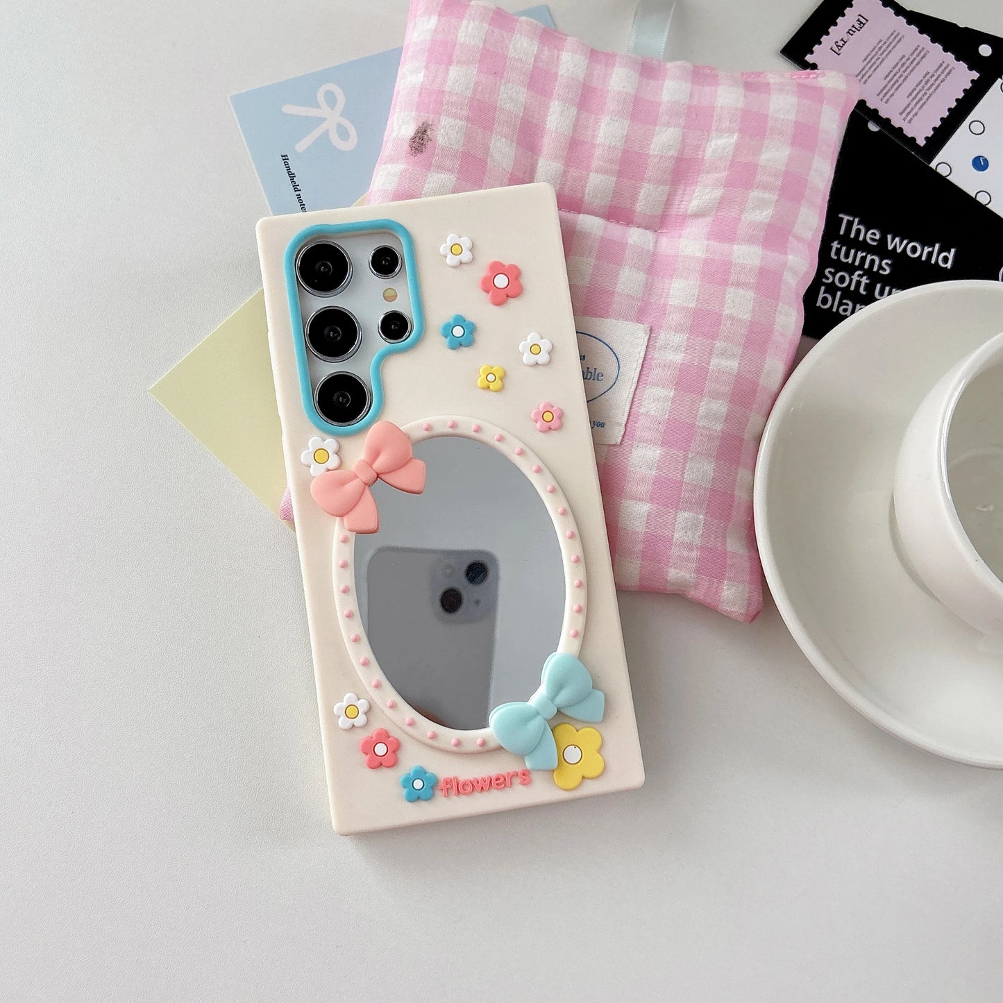 For Samsung S26 S25 S24 S23 S22 Ultra FE A57 A37 A07 A06 A56 A36 A26 A17 A16 A15 A35 A55 A24 3D Cartoon Bowknot Mirror Case