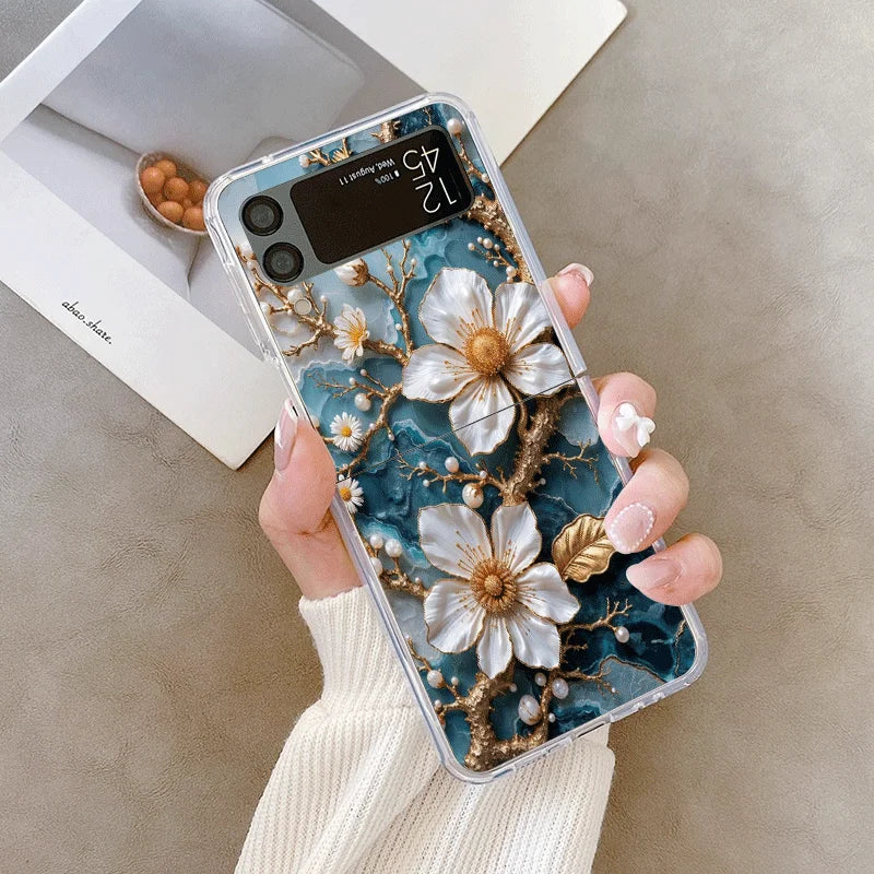 White Camellia Flower Marble Texture Phone Case for Samsung Galaxy Z Flip 7 Flip6 5 4 3 5G Folding Cover for Z Flip7 Flip5 Shell