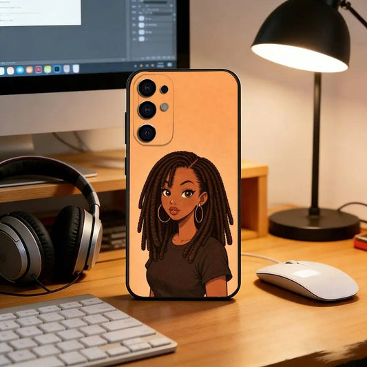 Cartoon African Black Girl Phone Case For Samsung S25,S24,S21,S22,S23,S30,Ultra,S20,Plus,Fe,Soft Silicone Black Cover
