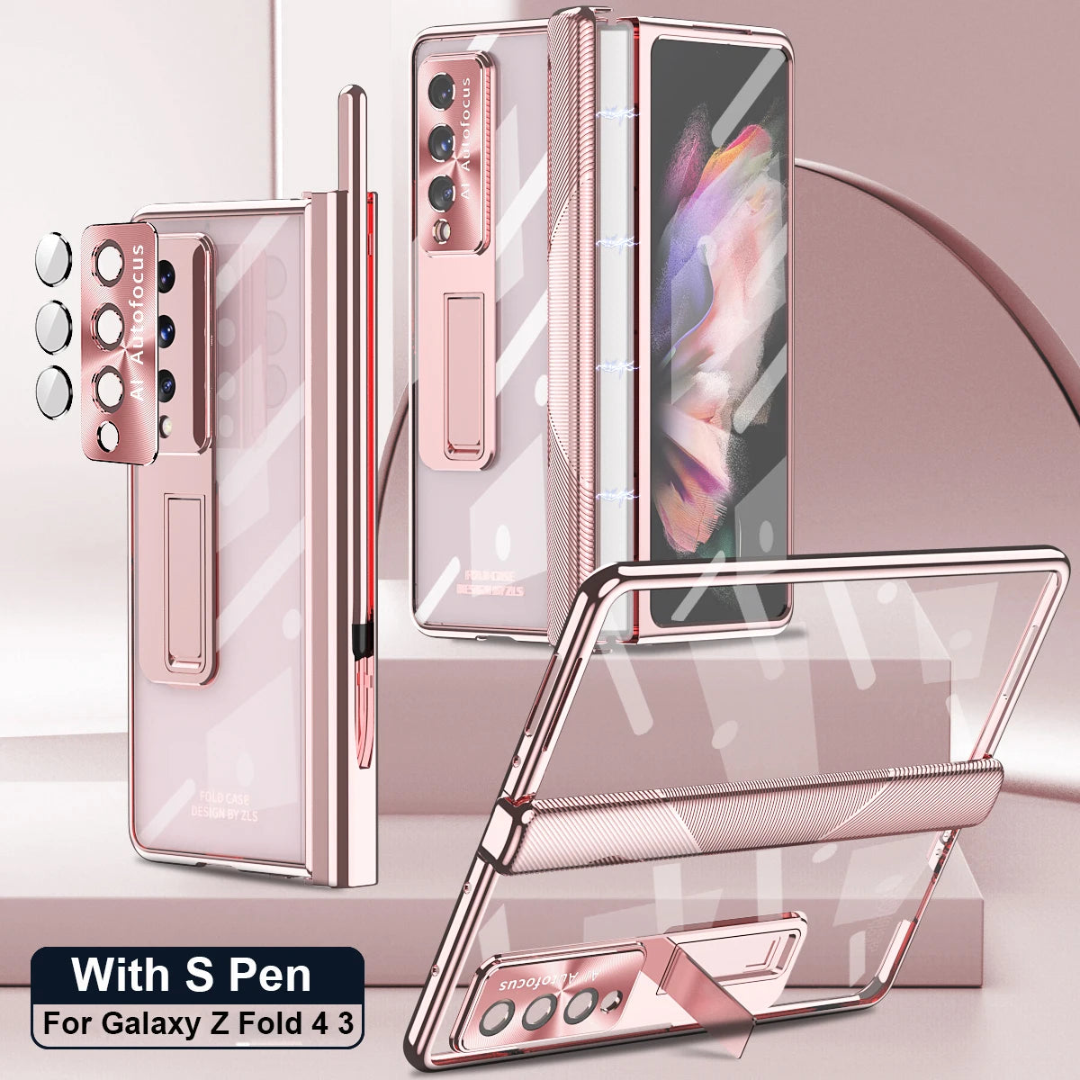 With Pen Plating Clear Magnetic Case For Samsung Galaxy Z Fold 7 6 5 4 3 Kickstand 360 Full Screen Protector Film Folding Cover