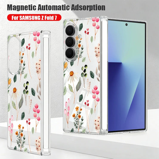 Magnetic Adsorption Clear Phone Case For Samsung Galaxy Z Fold 7 6 Fold7 Fold6 Fold5 5G Colorful Plant Printing Hard Back Cover