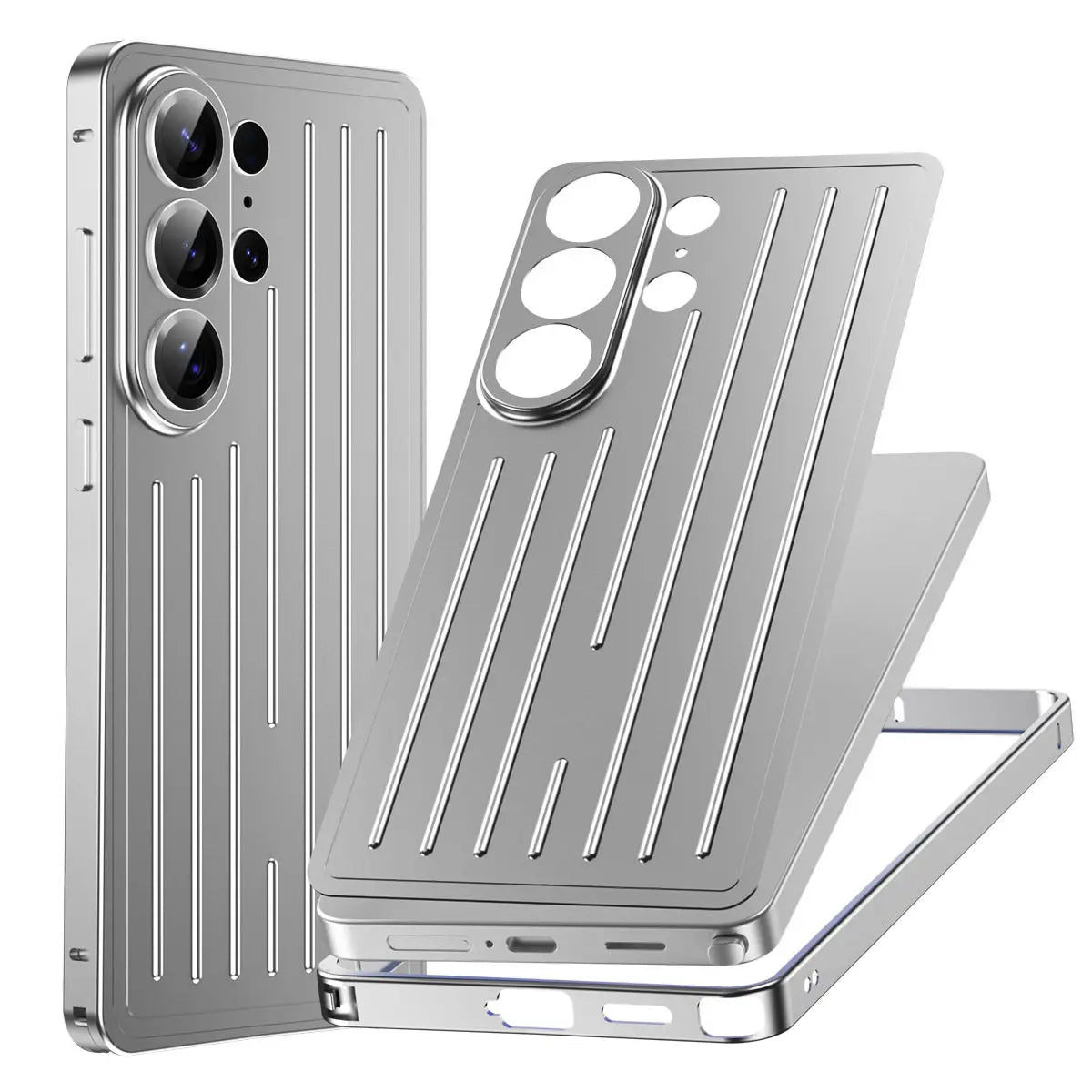 Aluminum Alloy Frame 3D Striped Cover Plate 2in1 Phone Case for Samsung Galaxy S26 Ultra S26 Shockproof Corrugated Luggage Cover
