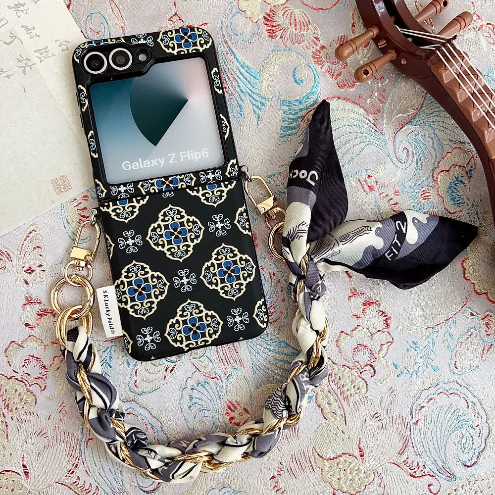 Luxury Embroidery Flowers Phone Case For Samsung Galaxy Z Flip 7 6 5 Flip 7FE Fashion Folding Protection Cover with Ribbon Chain