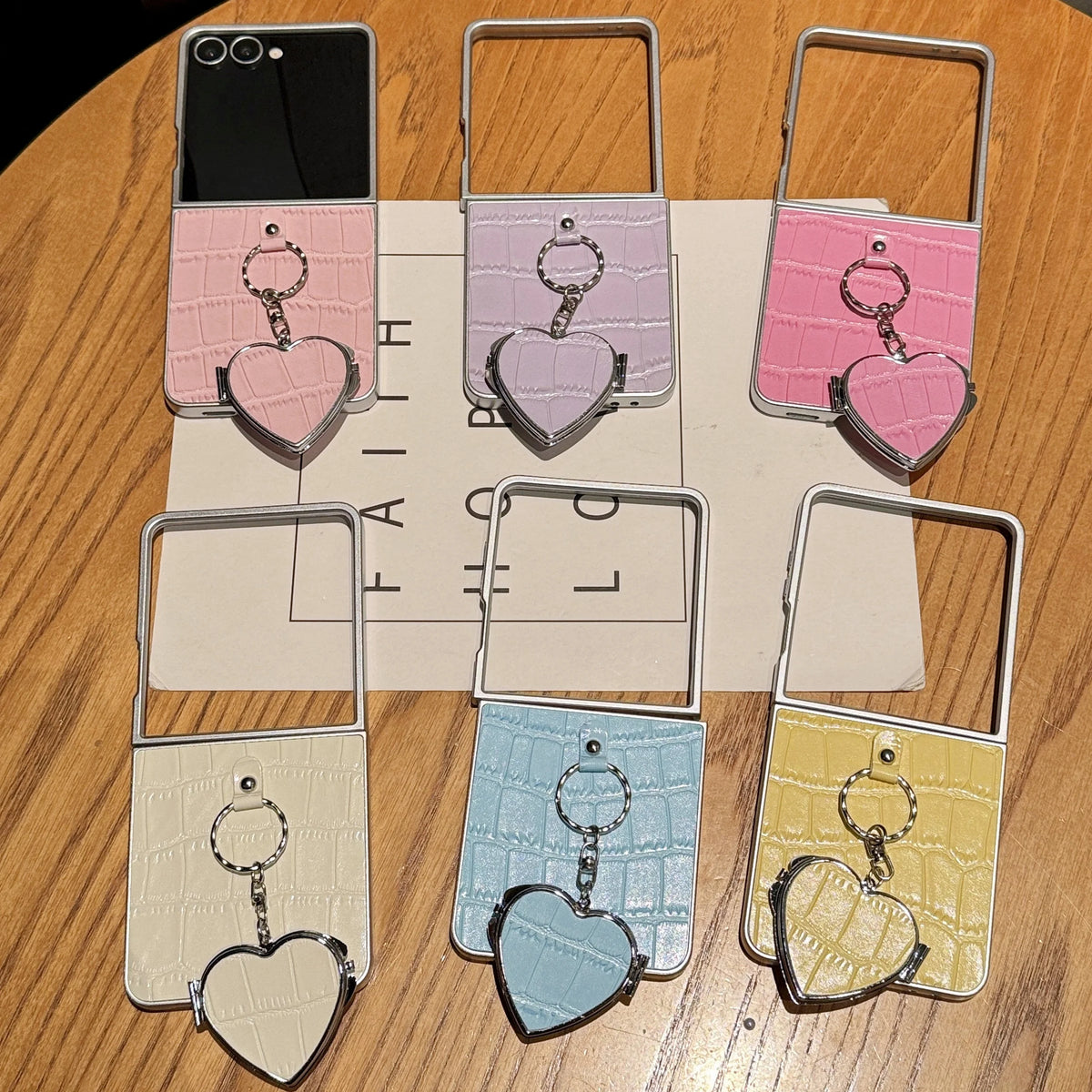 Crocodile Patterned Leather Case For Samsung Galaxy Z Flip 8 Heart Make up Miroor Cover For Samsung ZFlip7 Z Flip 6 5 4 3 Cover