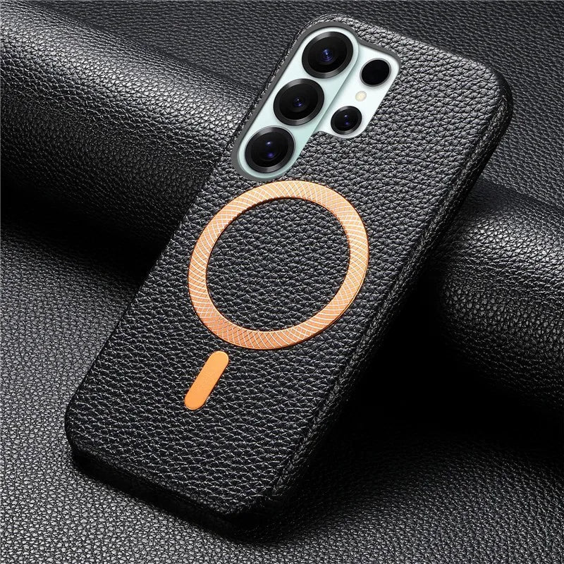 Luxury Leather Magnetic Attraction Case For Samsung Galaxy S25 S26 Ultra S21 S22 S23 S24 Plus Wireless Charging Anti-fall Cover