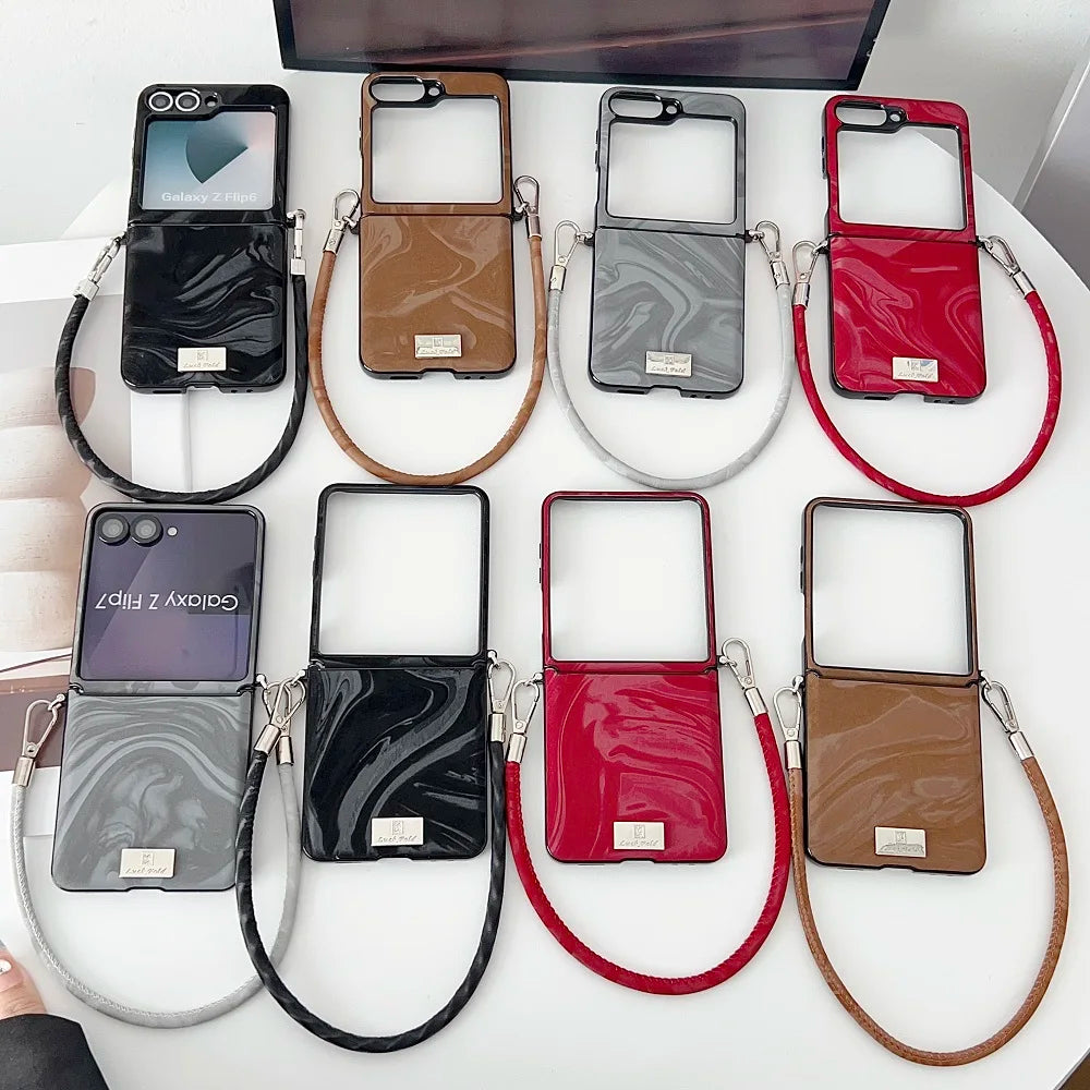 Luxury Water Ripple PU Leather Phone Case For Samsung Galaxy Z Flip 7 6 5 4 3 Flip7 FE Protection Folding Cover with Lanyard