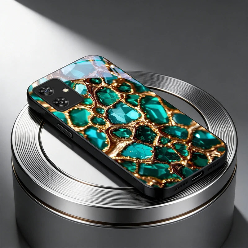 Luxury Green Gem Golden Black Glass Phone Case For Motorola Moto Edge 60 70 20 Lite 30 Pro 40 50 Ultra G45 G54 G55 G75 84 Cover