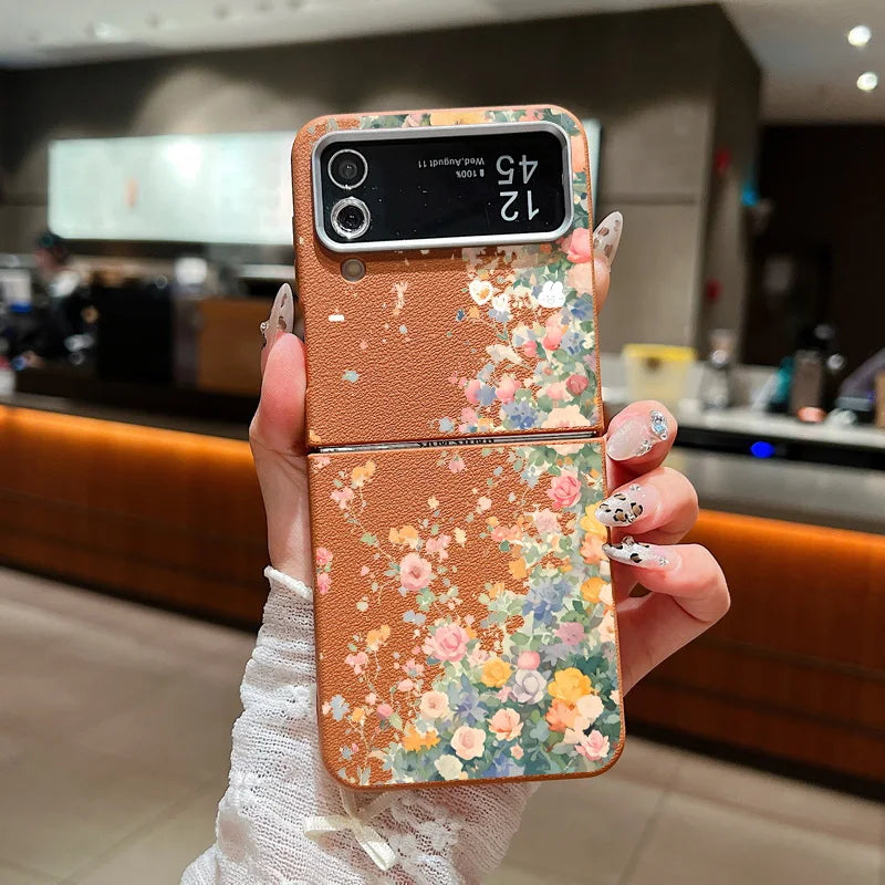 For Samsung Galaxy Z Flip 7 6 5 4 3 5G Luxury Leather Phone Case Retro Flowers Soft TPU Folding Cover For Samsung Z Flip5 Flip3