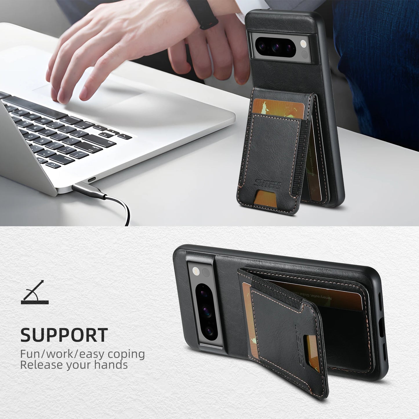 SUTENI Card Holder Phone Case Luxury Faux Leather Stand For Google Pixel 10ProXL 9 8A 7 6